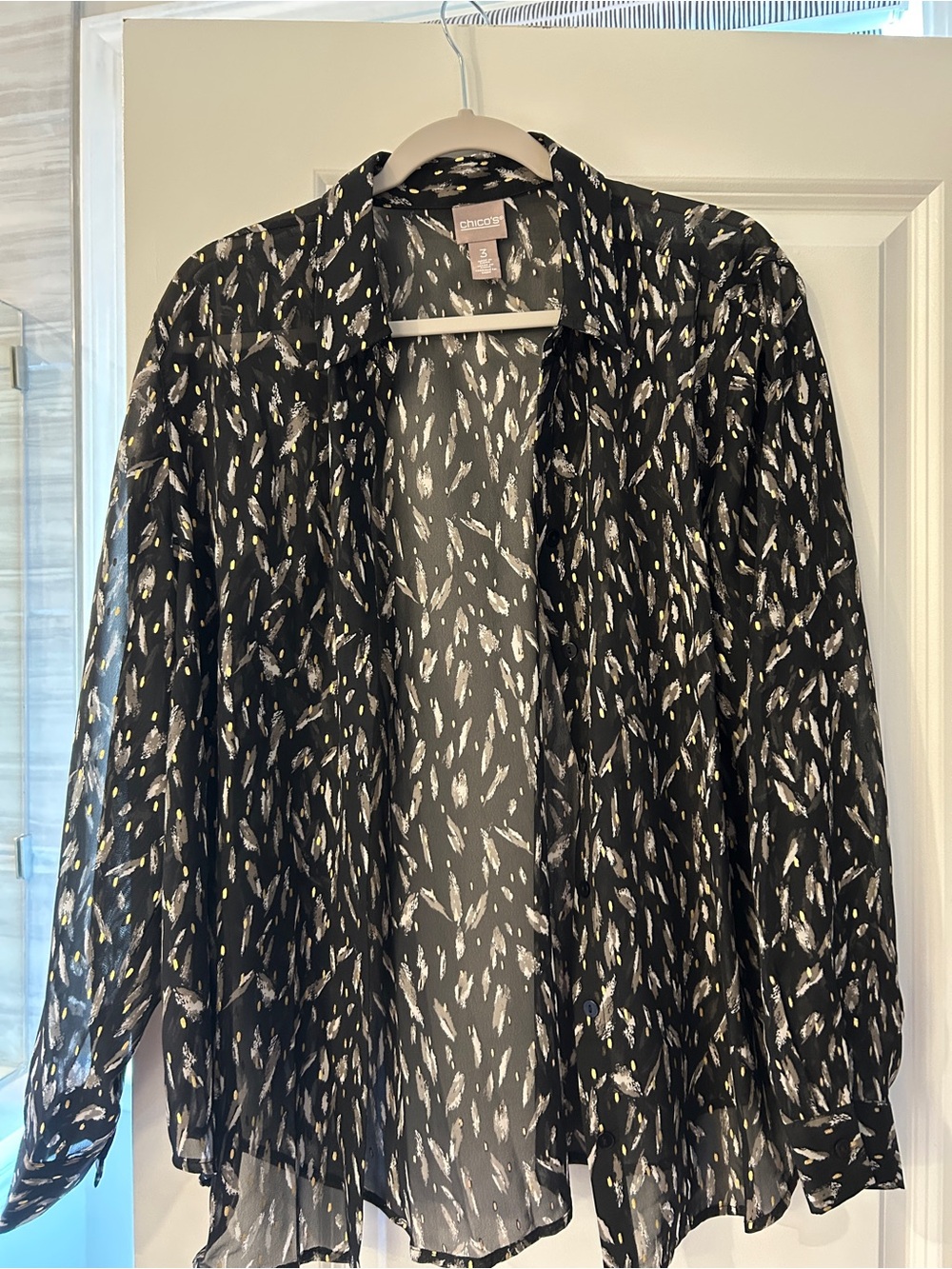 Chico's Black Sheer Button-Down with gold foil print. Size 3